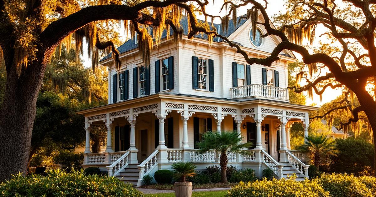 Historic Charleston Victorian home with live oak trees and Spanish moss in warm golden light