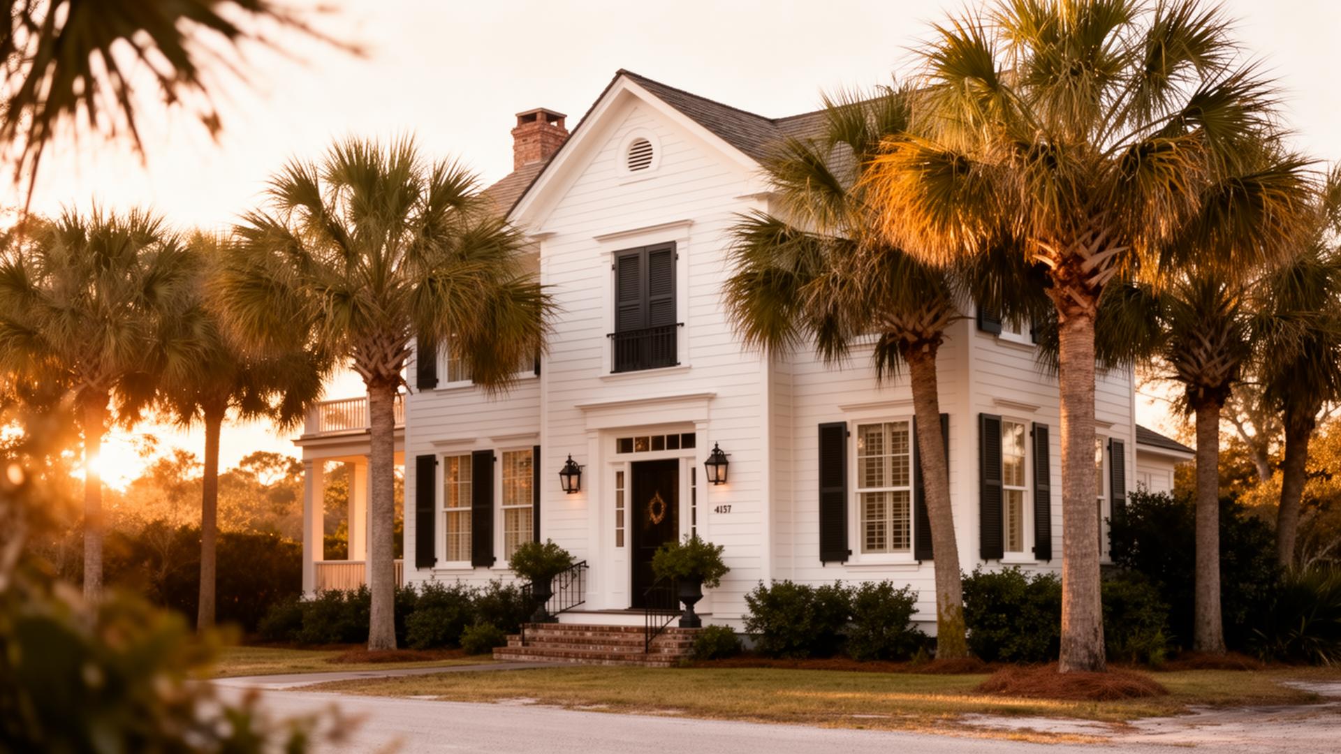 White Charleston coastal home with black shutters framed by palmetto trees at golden hour