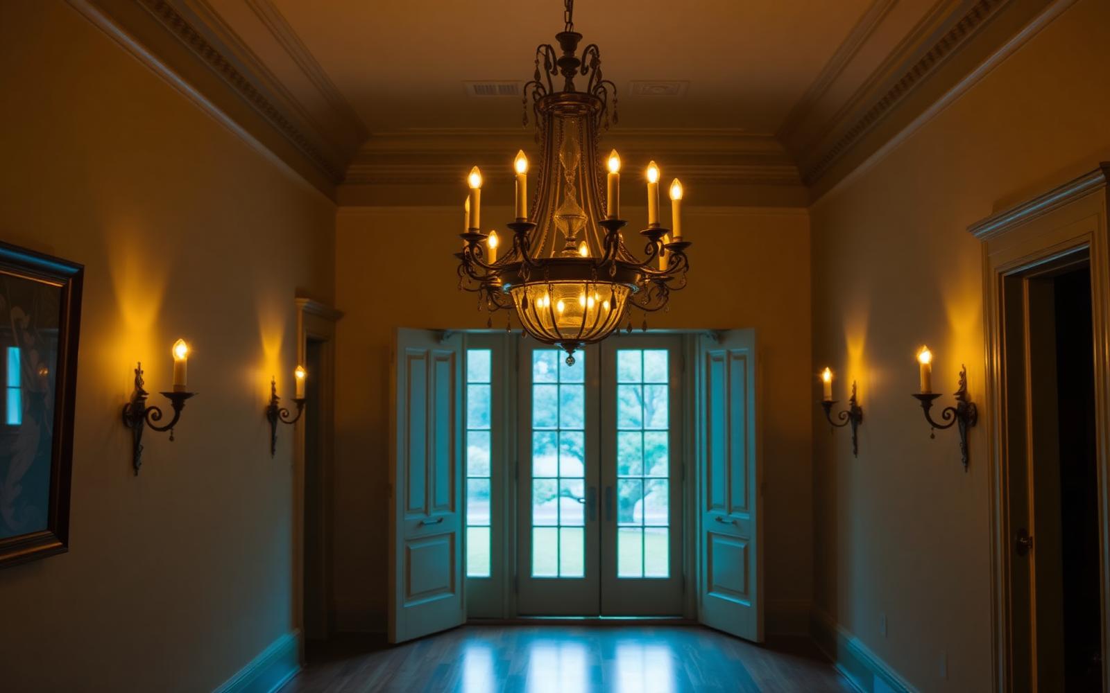 Warmly lit chandelier and wall sconces in a historic Charleston home at dusk